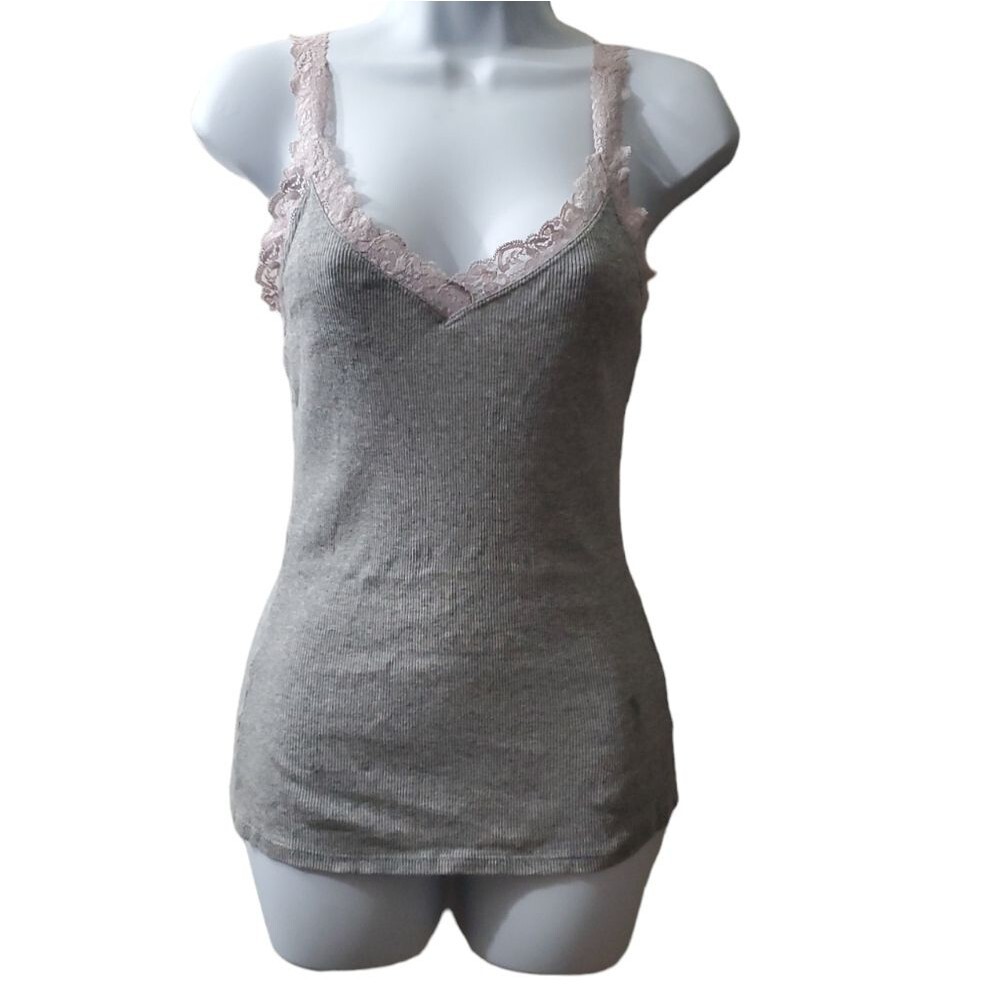 Vintage Express y2k 2000s Womens Grey Lace Coquette Soft Girl Tank Top Shirt